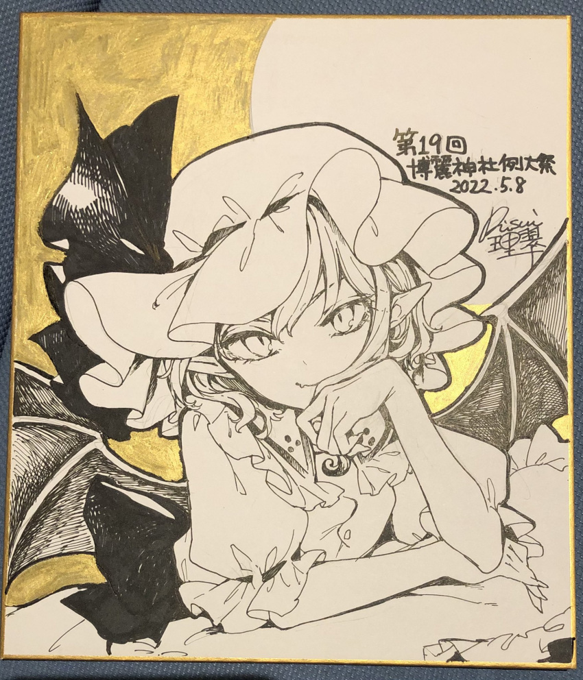 1girl bangs bat_wings commentary_request fang fang_out hand_up hat hat_ribbon highres looking_at_viewer mob_cap monochrome pointy_ears remilia_scarlet ribbon risui_(suzu_rks) shikishi shirt short_hair short_sleeves signature solo touhou traditional_media translation_request upper_body wings