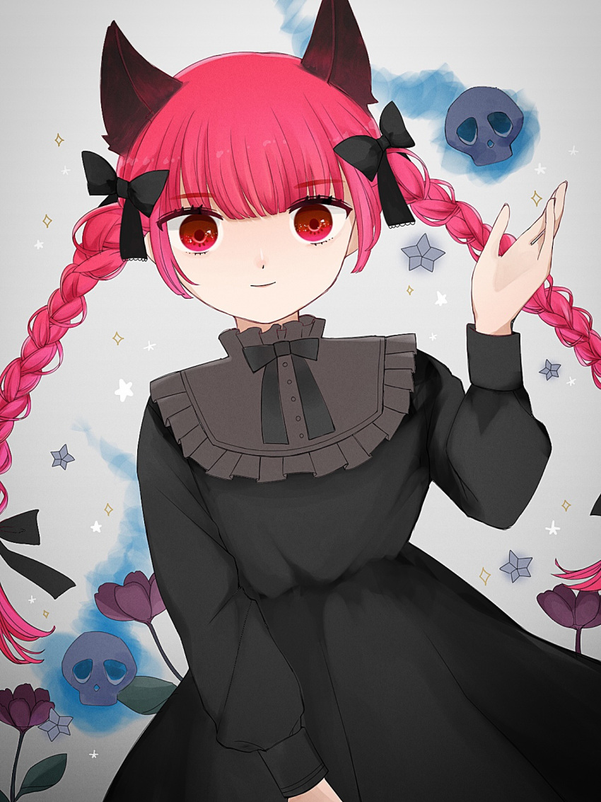 1girl animal_ears bangs black_bow black_dress blue_fire blunt_bangs bow braid cat_ears dress extra_ears eyebrows_visible_through_hair fire flaming_skull floating_skull flower flower_request grey_background hair_bow hand_up highres hitodama kaenbyou_rin kani_(cpj2) light_smile long_hair long_sleeves looking_at_viewer purple_flower red_eyes redhead simple_background skull solo sparkle star_(symbol) touhou twin_braids very_long_hair