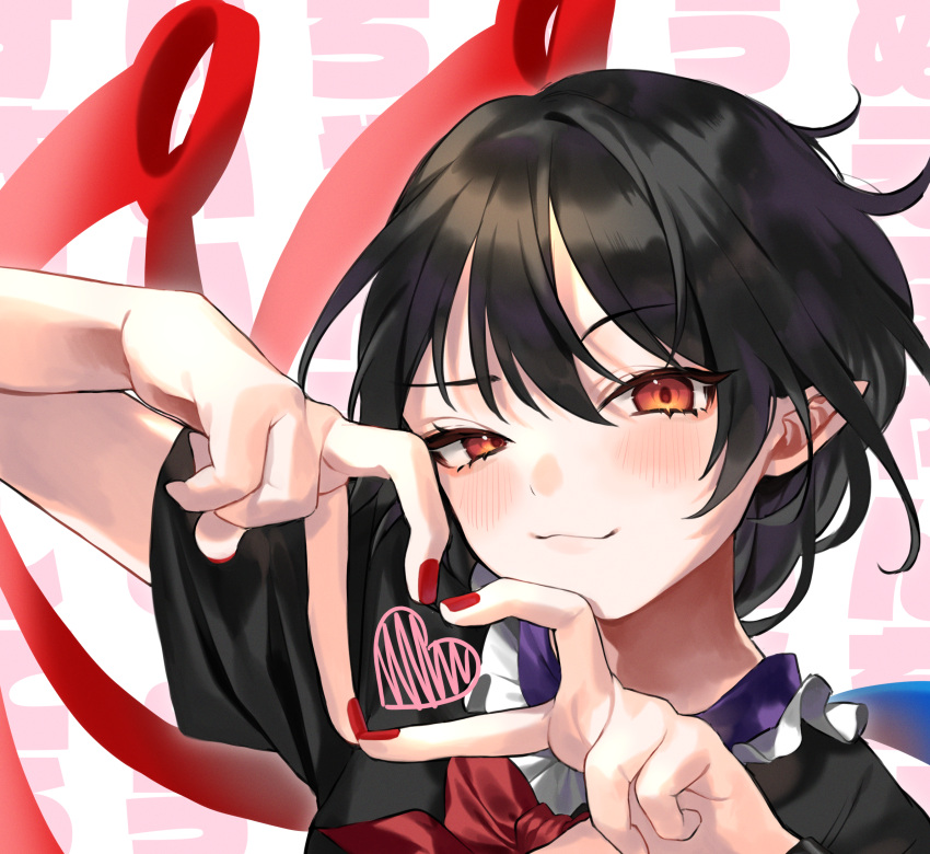 1girl absurdres asymmetrical_wings bangs black_dress black_hair blue_wings blush bow bowtie dress eyebrows_visible_through_hair hair_between_eyes heart heart_hands highres holding houjuu_nue looking_at_viewer makita_(vector1525) nail_polish pointy_ears red_eyes red_nails red_wings short_hair simple_background smile snake solo touhou upper_body wings wristband