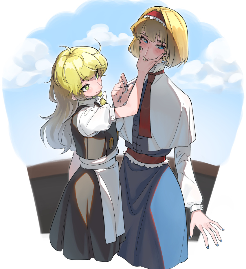 2girls absurdres ahoge alice_margatroid apron bangs black_skirt black_vest blonde_hair blue_dress blue_eyes blue_nails blush bob_cut capelet clouds cloudy_sky cropped_legs dress eyebrows_visible_through_hair frogsnake green_nails hairband hand_on_another's_cheek hand_on_another's_face highres kirisame_marisa long_hair looking_at_another looking_away multiple_girls necktie puffy_short_sleeves puffy_sleeves red_hairband red_necktie short_hair short_sleeves skirt sky smile touhou vest waist_apron wavy_hair yellow_eyes yuri