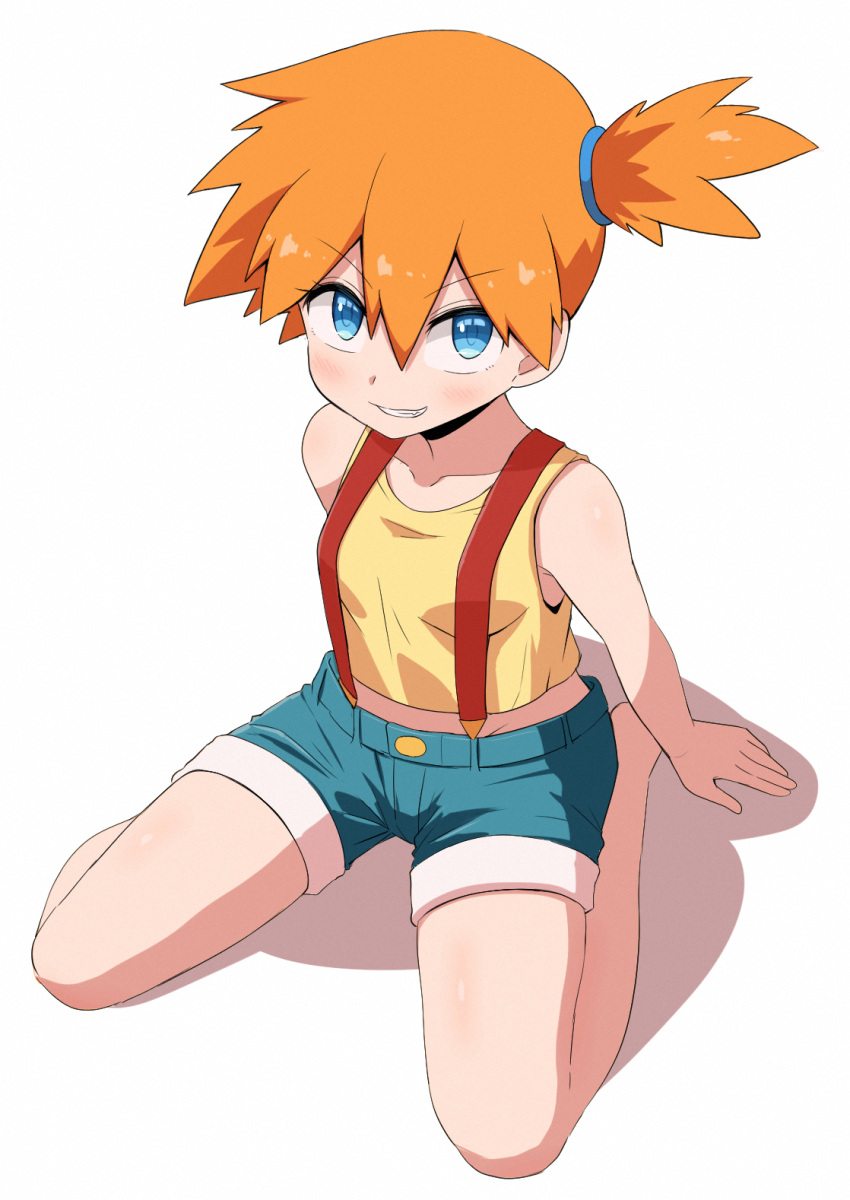 1girl arm_support bangs barefoot blue_eyes blush commentary_request eyebrows_visible_through_hair full_body green_shorts grin hair_between_eyes highres kurachi_mizuki looking_at_viewer misty_(pokemon) orange_hair pokemon pokemon_(anime) pokemon_(classic_anime) shirt short_hair short_shorts shorts side_ponytail sitting sleeveless sleeveless_shirt smile solo suspenders teeth yellow_shirt