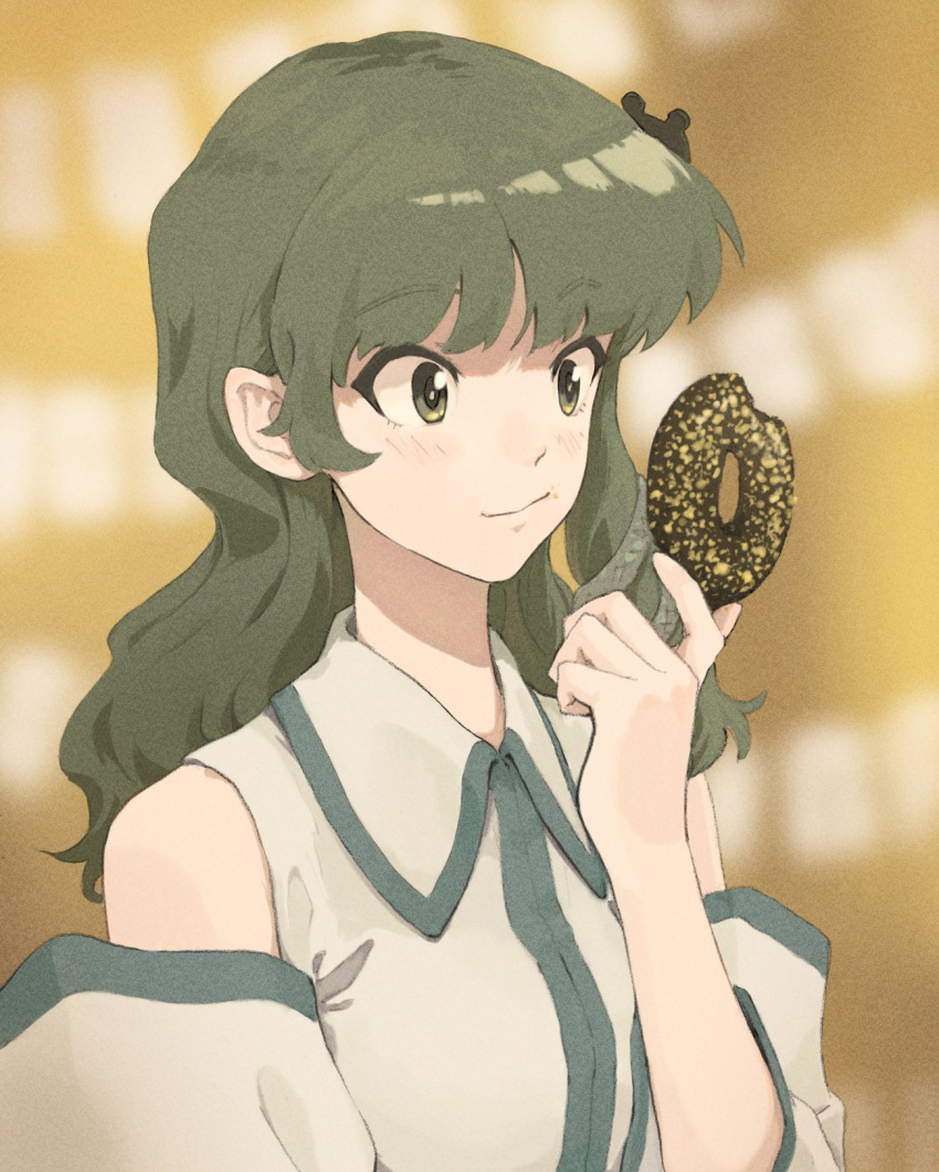 1girl bangs bare_shoulders bitten blurry blurry_background blush chocolate_doughnut closed_mouth collared_shirt commentary_request crumbs detached_sleeves doughnut eating eyebrows_visible_through_hair food food_on_face frog_hair_ornament green_eyes green_hair hair_ornament hand_up highres holding holding_food kochiya_sanae long_hair muted_color shiratama_(hockey) shirt sidelocks sleeveless sleeveless_shirt smile smirk snake_hair_ornament solo touhou upper_body white_shirt wing_collar