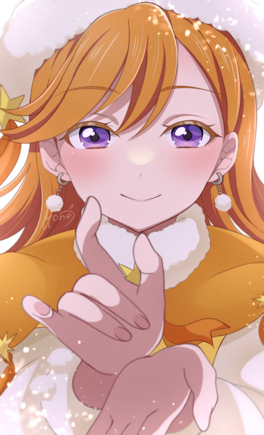 1girl absurdres bangs capelet closed_mouth earrings eyebrows_visible_through_hair facing_viewer fur-trimmed_headwear fur_collar highres jewelry long_hair long_sleeves love_live! love_live!_superstar!! orange_hair puffy_long_sleeves puffy_sleeves pukonuu shibuya_kanon signature simple_background smile solo starlight_prologue swept_bangs upper_body violet_eyes white_background