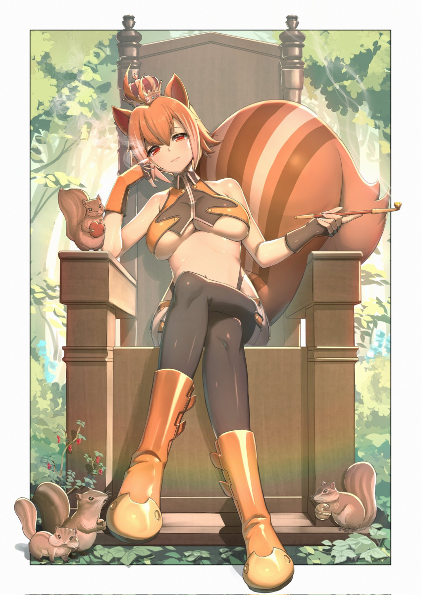 animal_ears black_legwear blazblue boots border breasts brown_hair commission fingerless_gloves forest gloves highres ichihachiyon large_breasts makoto_nanaya nature nut_(food) orange_eyes orange_footwear orange_gloves pipe second-party_source squirrel squirrel_ears squirrel_girl squirrel_tail tail throne under_boob weapon white_border wooden_chair