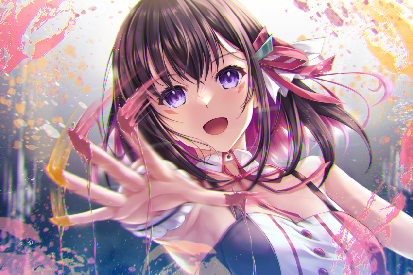 1girl :d absurdres azki_(hololive) bangs bare_shoulders brown_hair colored_inner_hair detached_collar dress facial_mark foreshortening hair_ribbon highres hololive kamishiro_mai_(capti-no) looking_at_viewer medium_hair motion_blur multicolored_hair neck_ribbon outstretched_arm paint_on_fingers paint_splatter pink_hair pink_ribbon revision ribbon sleeveless sleeveless_dress smile solo upper_body violet_eyes virtual_youtuber wrist_cuffs