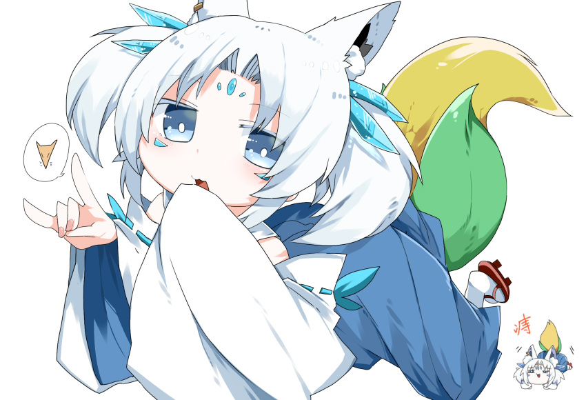 1girl animal_ear_fluff animal_ears bangs blue_eyes blue_hakama commentary_request detached_sleeves earrings fox_ears fox_girl fox_shadow_puppet hakama highres hololive japanese_clothes jewelry kimono looking_at_viewer mafuri open_mouth parted_bangs personification simple_background sukonbu_(shirakami_fubuki) two_side_up virtual_youtuber white_background white_hair white_kimono