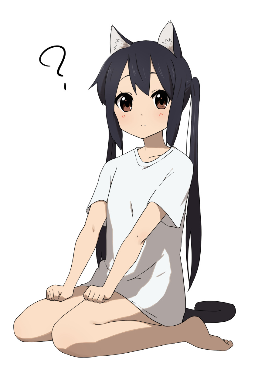 1girl absurdres animal_ears bangs barefoot black_hair blush brown_eyes cat_ears cat_tail closed_mouth collarbone commentary_request full_body highres k-on! kicchi_(tmgk) long_hair looking_at_viewer nakano_azusa no_pants seiza shirt short_sleeves simple_background sitting solo tail twintails wariza white_background white_shirt