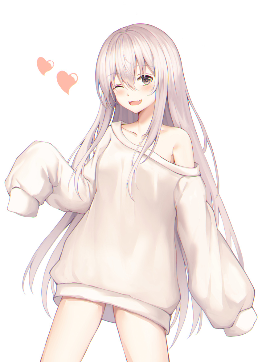 1girl absurdres bangs bare_shoulders blush brown_eyes clothing_request collarbone grey_hair highres long_hair looking_at_viewer muyang one_eye_closed original oversized_clothes simple_background smile solo white_background