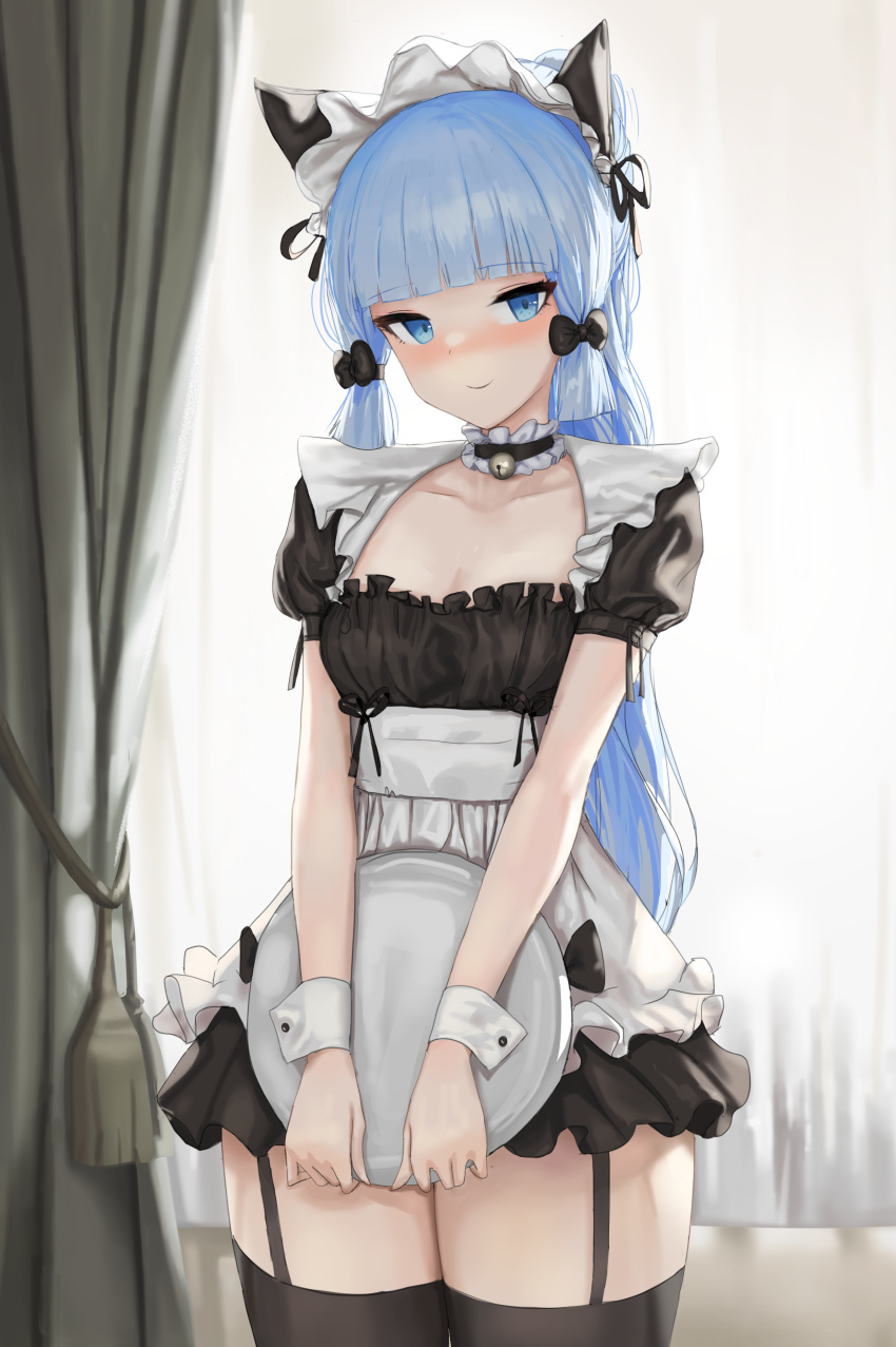 1girl absurdres alternate_costume animal_ears apron bangs bell black_dress black_legwear blue_eyes blunt_bangs blush breasts cat_ears closed_mouth collarbone cowboy_shot curtains dolri dress enmaided eyebrows_visible_through_hair fake_animal_ears frilled_dress frills full-face_blush garter_straps genshin_impact highres holding holding_tray jingle_bell kamisato_ayaka light_blue_hair long_hair looking_at_viewer maid maid_apron maid_headdress neck_bell neck_garter ponytail short_dress sidelocks small_breasts smile solo thigh-highs thighs tray wrist_cuffs