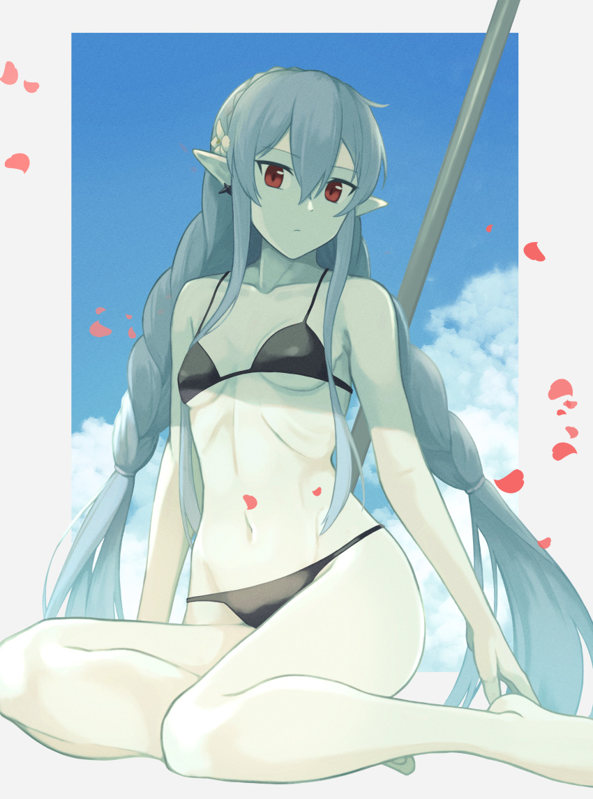 1girl absurdres arknights bangs bare_arms bare_legs bare_shoulders barefoot bikini black_bikini braid breasts commentary_request grey_hair hair_between_eyes head_tilt highres long_braid long_hair mutsuki_albino navel official_alternate_costume partial_commentary petals pointy_ears red_eyes sidelocks sitting small_breasts solo stomach swimsuit thighs twin_braids very_long_hair warfarin_(arknights) warfarin_(casual_vacation)_(arknights) yokozuwari