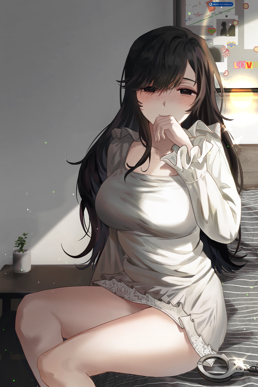 1girl absurdres bangs bed black_eyes black_hair blush breasts cuffs dress frills gown hand_on_own_face handcuffs highres indoors large_breasts long_hair looking_at_viewer original sitting solo thighs zetto_(zet)