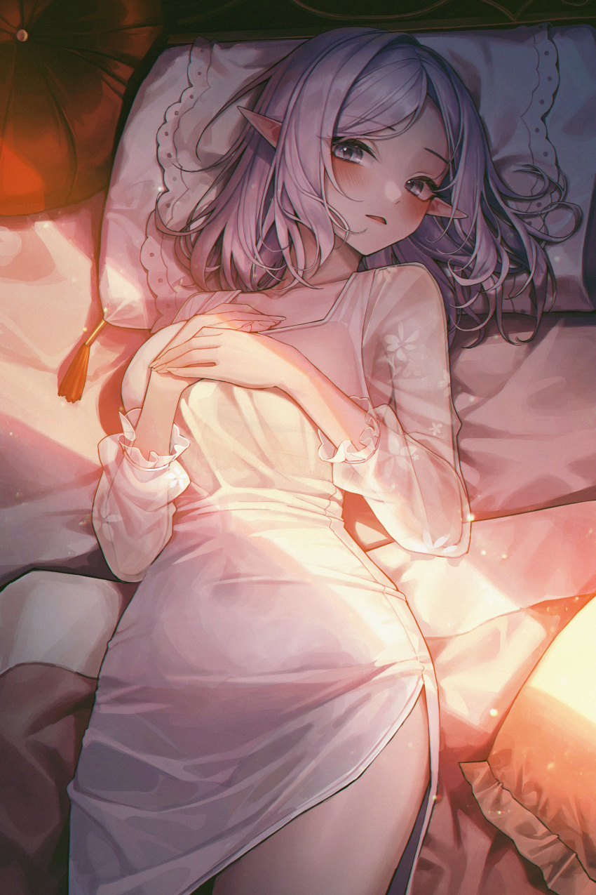 1girl absurdres bangs bed_sheet blanket blush collarbone dress elf eyebrows_visible_through_hair grey_eyes grey_hair hands_on_own_chest head_tilt highres light long_sleeves looking_at_viewer lying meoyo on_back on_bed original parted_bangs parted_lips pelvic_curtain pillow pointy_ears see-through_sleeves short_hair smile solo white_dress