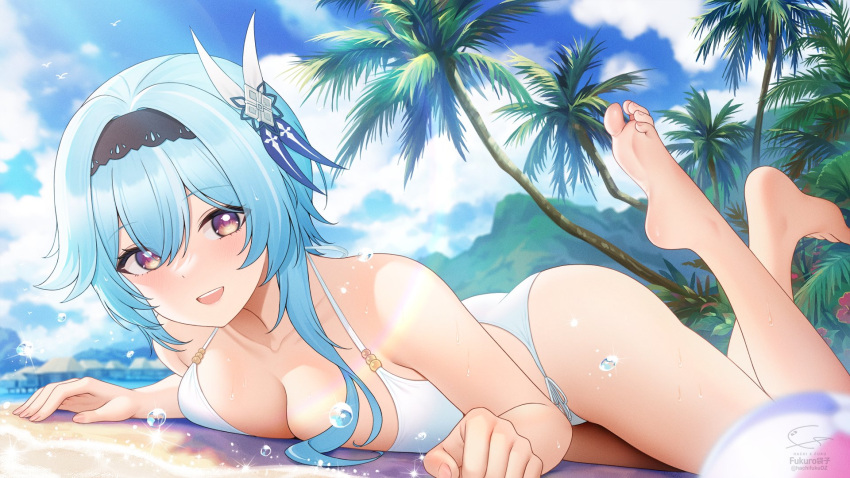1girl artist_name barefoot beach bikini black_hairband blue_hair blue_sky breast_press breasts clouds day eula_(genshin_impact) fukuro_ko_(greentea) genshin_impact hair_ornament hairband highres large_breasts long_hair looking_at_viewer lying on_stomach open_mouth outdoors palm_tree sand signature sky smile soles solo swimsuit thighs toenails toes tree twitter_username violet_eyes white_bikini