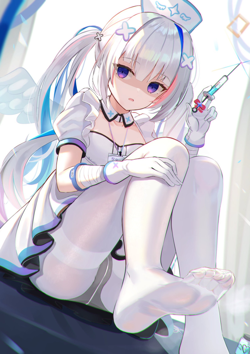 1girl amane_kanata bandaged_arm bandages bangs blue_eyes blue_hair blush detached_collar dress eyebrows_visible_through_hair feet foot_out_of_frame gloves grey_panties hair_ornament hat highres holding holding_syringe hololive long_hair looking_at_viewer mirufuaa multicolored_hair no_shoes nurse_cap official_alternate_costume panties panties_under_pantyhose pantyhose pink_hair shaded_face short_sleeves soles solo streaked_hair syringe thighband_pantyhose twintails underwear virtual_youtuber white_dress white_gloves white_hair white_legwear x_hair_ornament