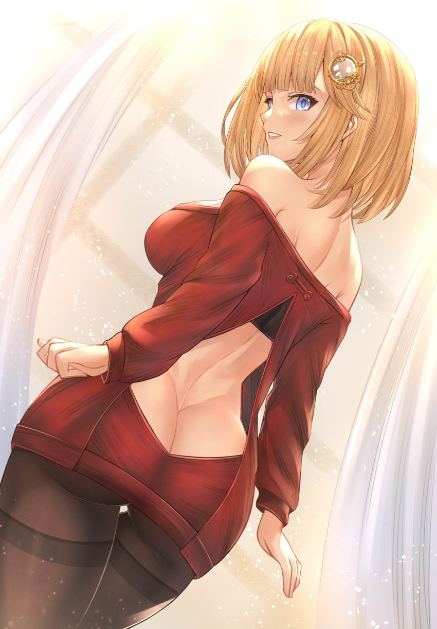 1girl absurdres ass bangs bare_back bare_shoulders blonde_hair blue_eyes blush breasts cosplay dress hair_ornament highres hololive hololive_english honkivampy huge_ass large_breasts looking_at_viewer monocle_hair_ornament pantyhose red_dress short_hair smile solo spy_x_family thigh-highs virtual_youtuber watson_amelia yor_briar yor_briar_(cosplay)
