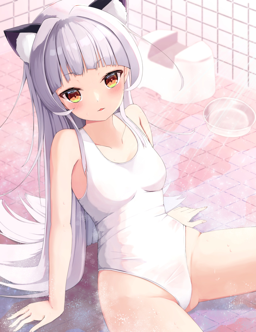 1girl bangs bathroom blunt_bangs grey_hair hair_cones half_updo highres hololive long_hair makino_maki murasaki_shion new_school_swimsuit school_swimsuit short_eyebrows side_bun sidelocks sitting solo swimsuit tile_floor tile_wall tiles virtual_youtuber white_swimsuit yellow_eyes