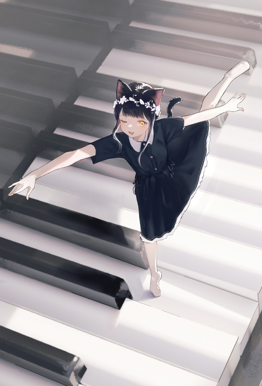 1girl absurdres animal_ears balancing black_dress black_hair cat_ears cat_girl cat_tail collared_dress dress fang full_body head_wreath highres kurobeko_(kur0bek0) medium_hair minigirl one_eye_closed open_mouth original outstretched_arms piano_keys short_sleeves smile solo spread_arms standing standing_on_one_leg tail tiptoes white_legwear yellow_eyes