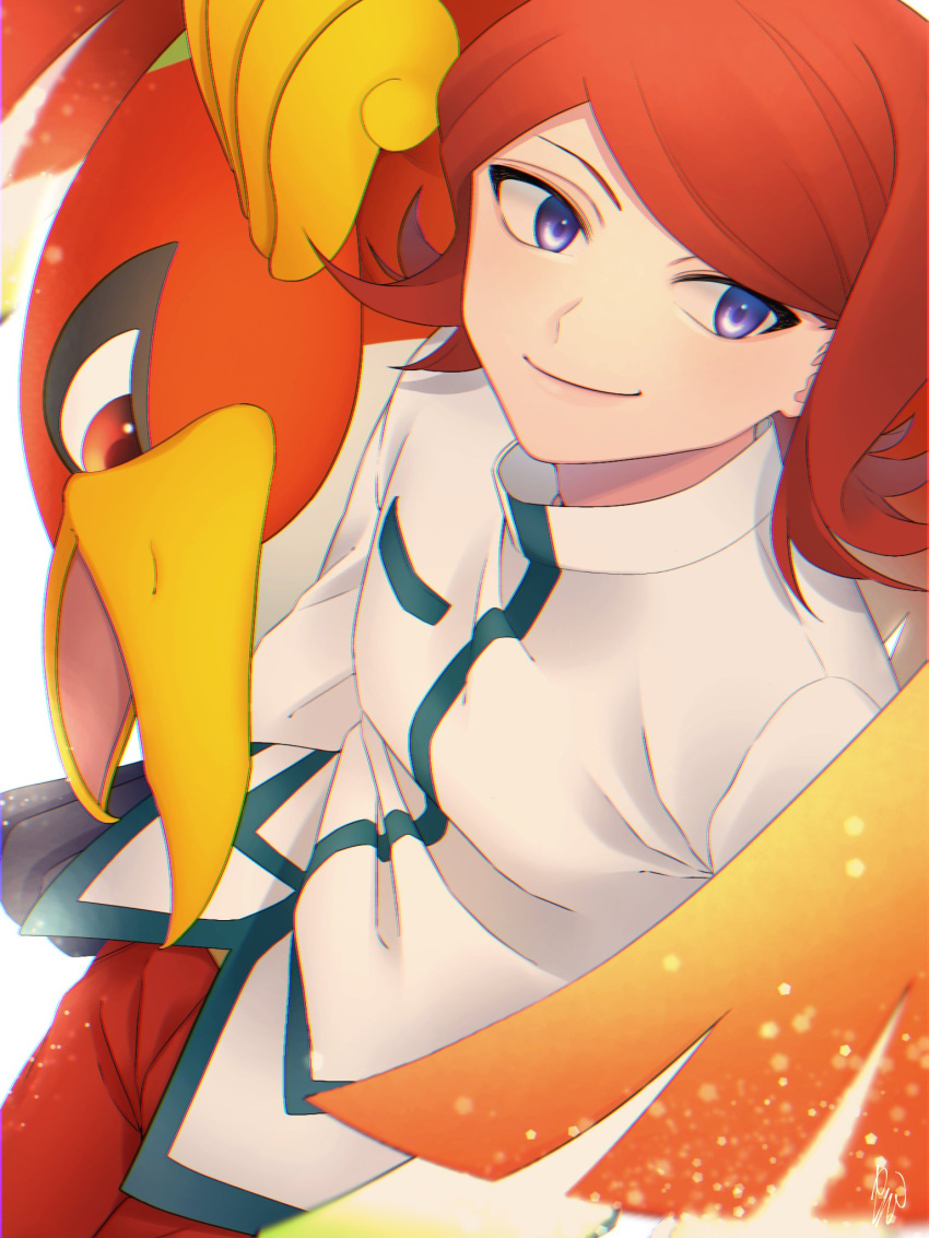 1boy alternate_color bird blurry closed_mouth commentary_request hana_e_(ka_e0128) highres ho-oh jacket long_hair looking_to_the_side male_focus orange_hair pants pokemon pokemon_(game) pokemon_masters_ex red_pants silver_(pokemon) smile violet_eyes white_jacket yellow_belt