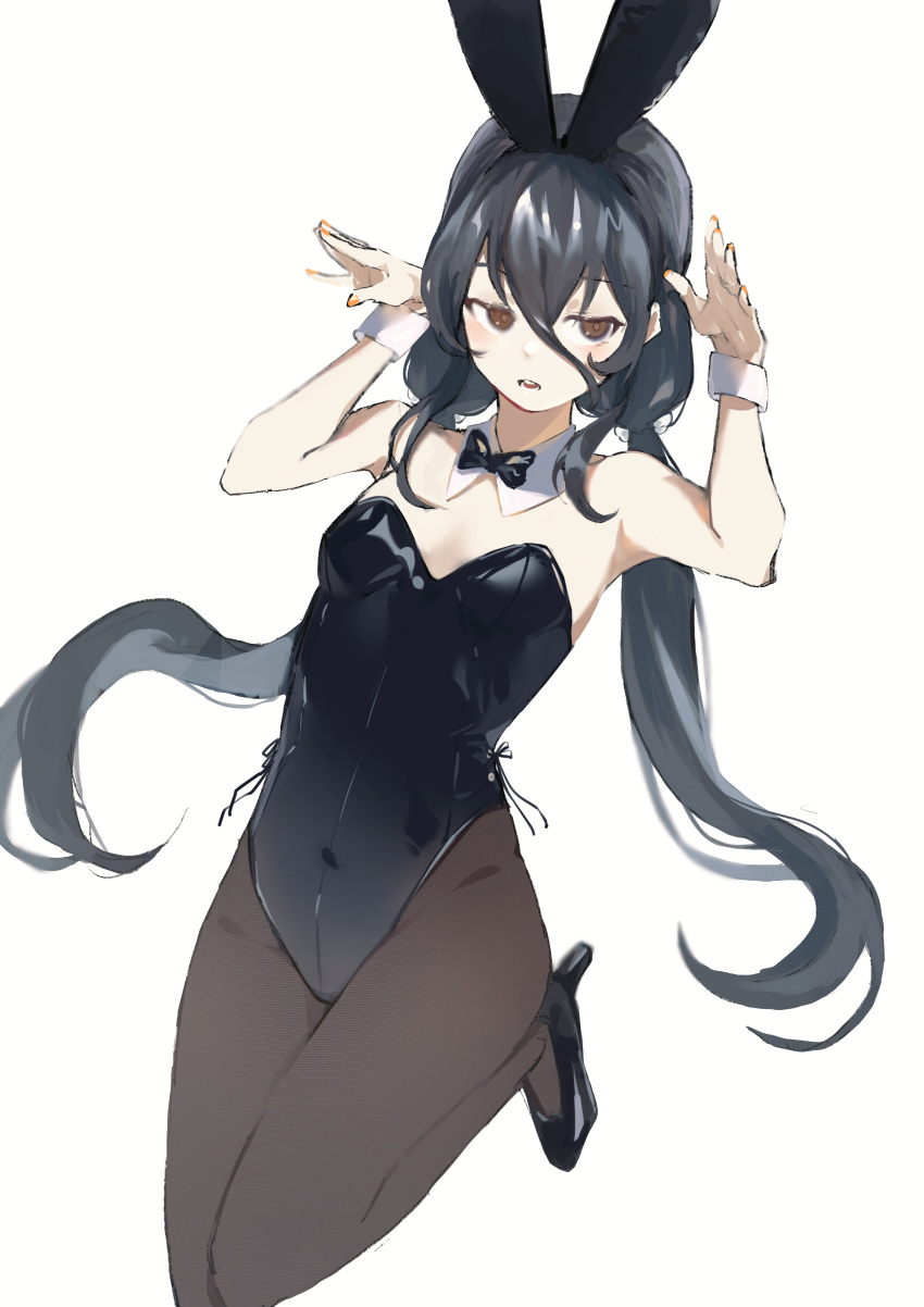 1girl absurdres animal_ears bangs bare_shoulders black_bow black_bowtie black_footwear black_hair black_legwear black_leotard bow bowtie breasts brown_eyes bunny_pose detached_collar fake_animal_ears hairband high_heels highres kurobeko_(kur0bek0) leotard long_hair looking_at_viewer low_twintails open_mouth original playboy_bunny rabbit_ears simple_background small_breasts twintails white_background wrist_cuffs yellow_nails