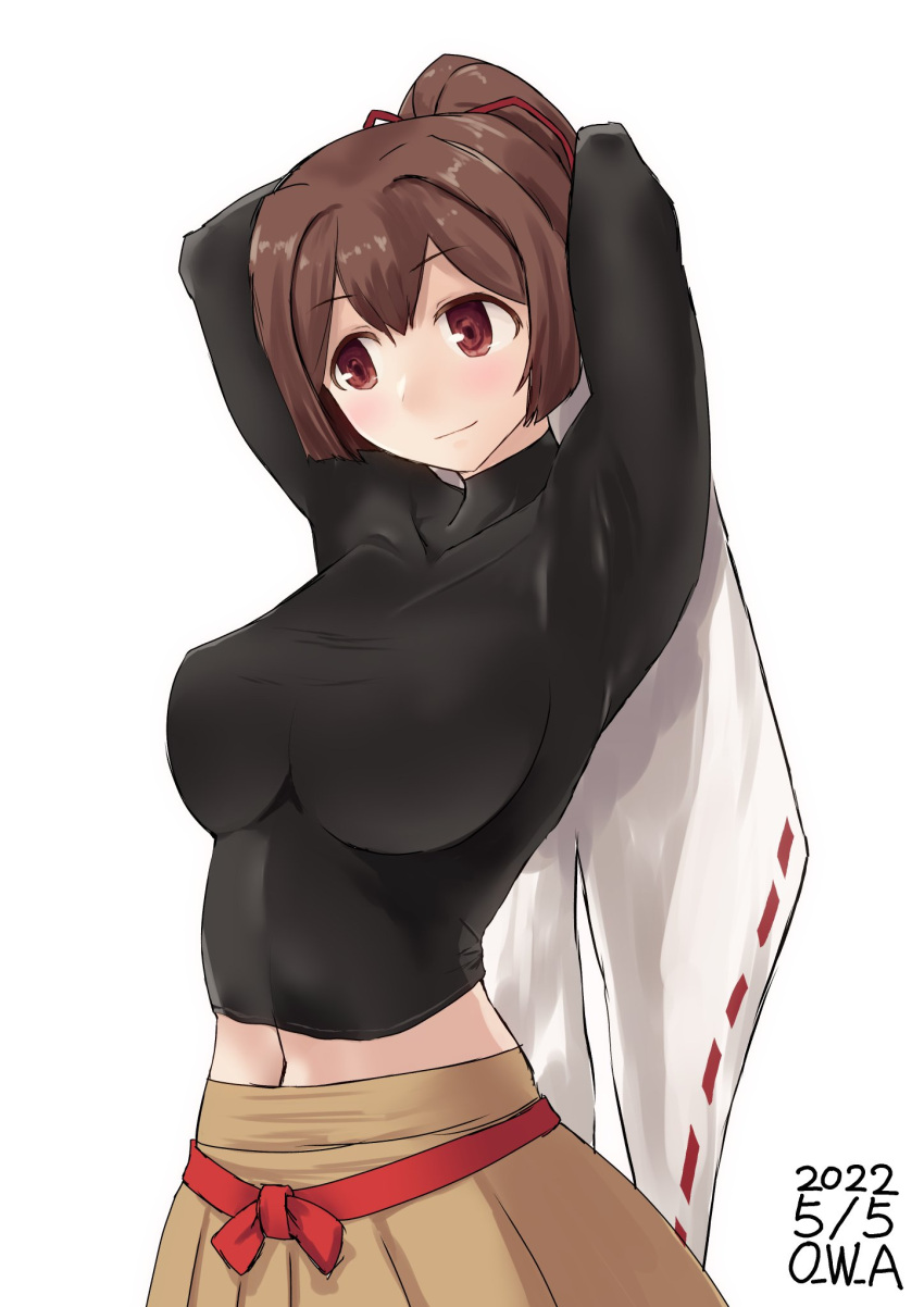 1girl artist_name black_shirt brown_eyes brown_hair brown_hakama commentary_request dated hair_ribbon hakama highres ise_(kancolle) ise_kai_ni_(kancolle) japanese_clothes kantai_collection looking_to_the_side navel one-hour_drawing_challenge owa_(ishtail) ponytail ribbon shirt shirt_removed short_hair simple_background solo undershirt upper_body white_background