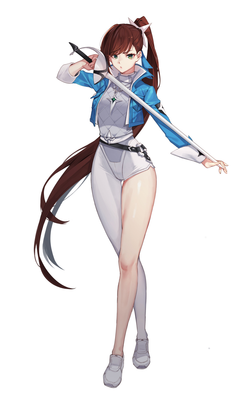 1girl absurdres asymmetrical_clothes black_survival blue_jacket breasts brown_hair chukibabo2 commission eternal_return:_black_survival fiora_pellerin green_eyes highres jacket long_hair looking_at_viewer medium_breasts open_clothes open_jacket ponytail rapier simple_background single_pantsleg solo sword tagme very_long_hair weapon white_background