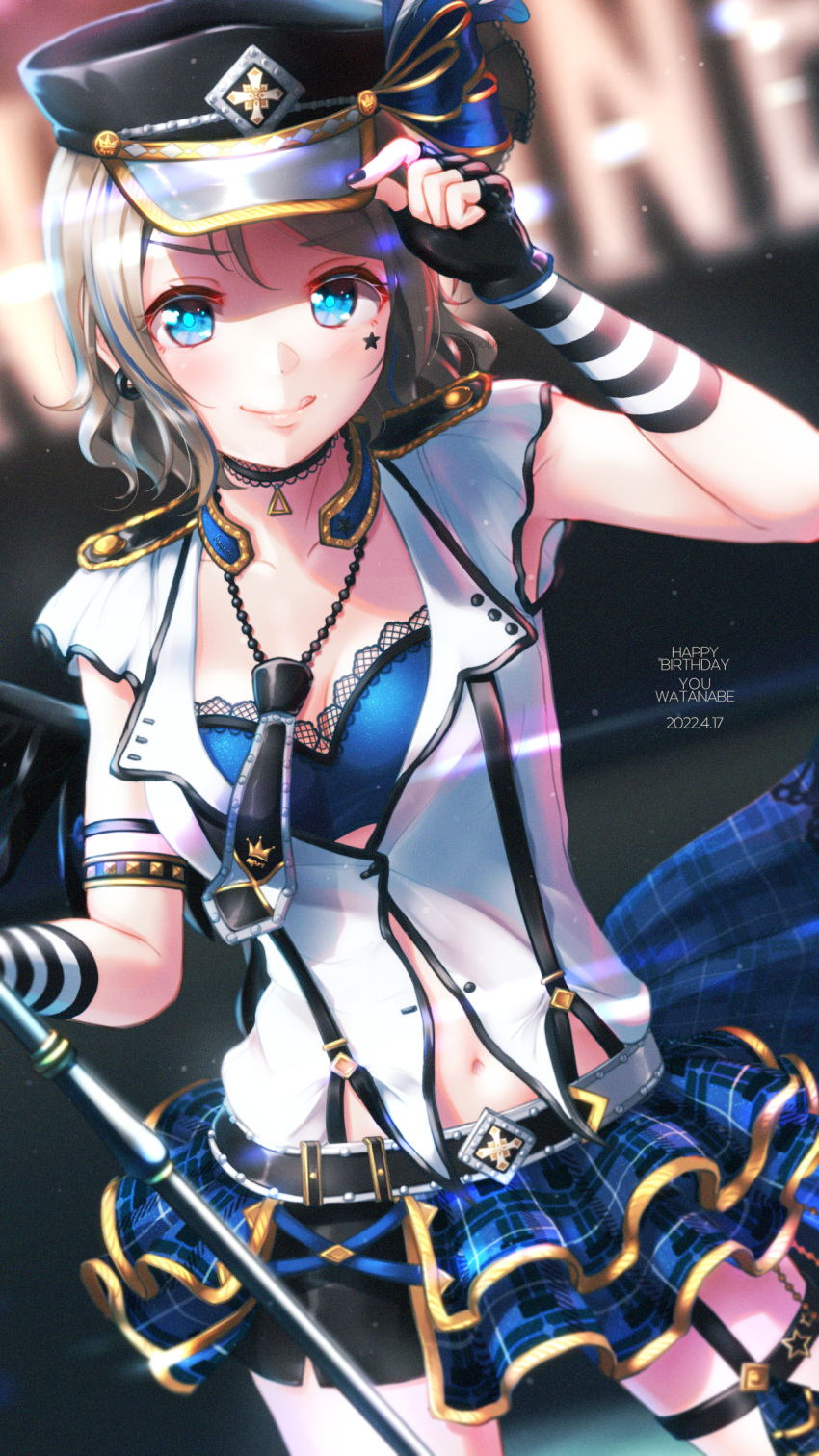1girl adjusting_hair alternate_costume armband belt black_choker black_gloves black_headwear black_nails blue_eyes blurry blurry_background breasts brown_hair character_name choker cowboy_shot dated earrings epaulettes facial_mark frilled_skirt frills gloves happy_birthday hat hat_ornament highres jewelry love_live! love_live!_sunshine!! medium_breasts microphone_stand midriff_peek nail_polish navel necktie open_clothes plaid plaid_skirt shirt short_hair short_necktie short_sleeves skirt smile solo striped striped_gloves thigh_strap toine tongue tongue_out watanabe_you white_shirt