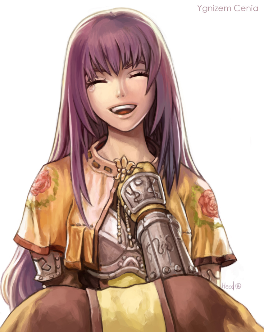 1girl bangs brown_capelet brown_dress capelet character_name chest_guard chinese_commentary closed_eyes commentary_request dress egnigem_cenia elvafirst english_commentary feet_out_of_frame floral_print gauntlets highres long_hair mixed-language_commentary open_mouth purple_hair ragnarok_online rose_print signature simple_background smile solo swordsman_(ragnarok_online) tearing_up white_background