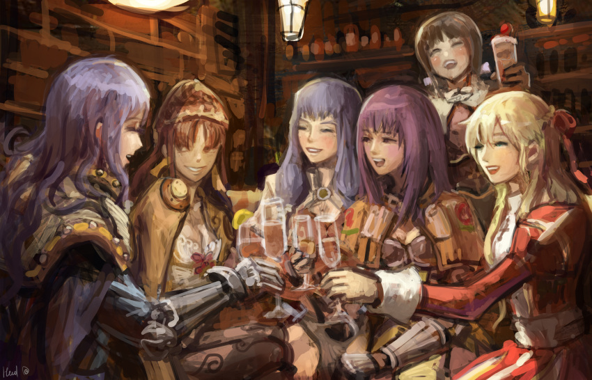 6+girls acolyte_(ragnarok_online) alcohol armor bandana bangs blonde_hair blue_cape blue_hair bra braid brown_capelet brown_dress brown_hair brown_headwear brown_jacket cape capelet champagne champagne_flute chest_guard closed_mouth commentary cowboy_shot cross crusader_(ragnarok_online) cup dress drinking_glass elvafirst english_commentary floral_print french_braid gauntlets green_eyes grin high_priest_(ragnarok_online) highres jacket juliet_sleeves long_hair long_sleeves looking_at_another mage_(ragnarok_online) multiple_girls open_mouth pauldrons puffy_sleeves purple_hair ragnarok_online red_dress rose_print sash short_hair shoulder_armor shrug_(clothing) smile swordsman_(ragnarok_online) thief_(ragnarok_online) toast_(gesture) two-tone_dress underwear white_bra white_capelet white_dress white_sash