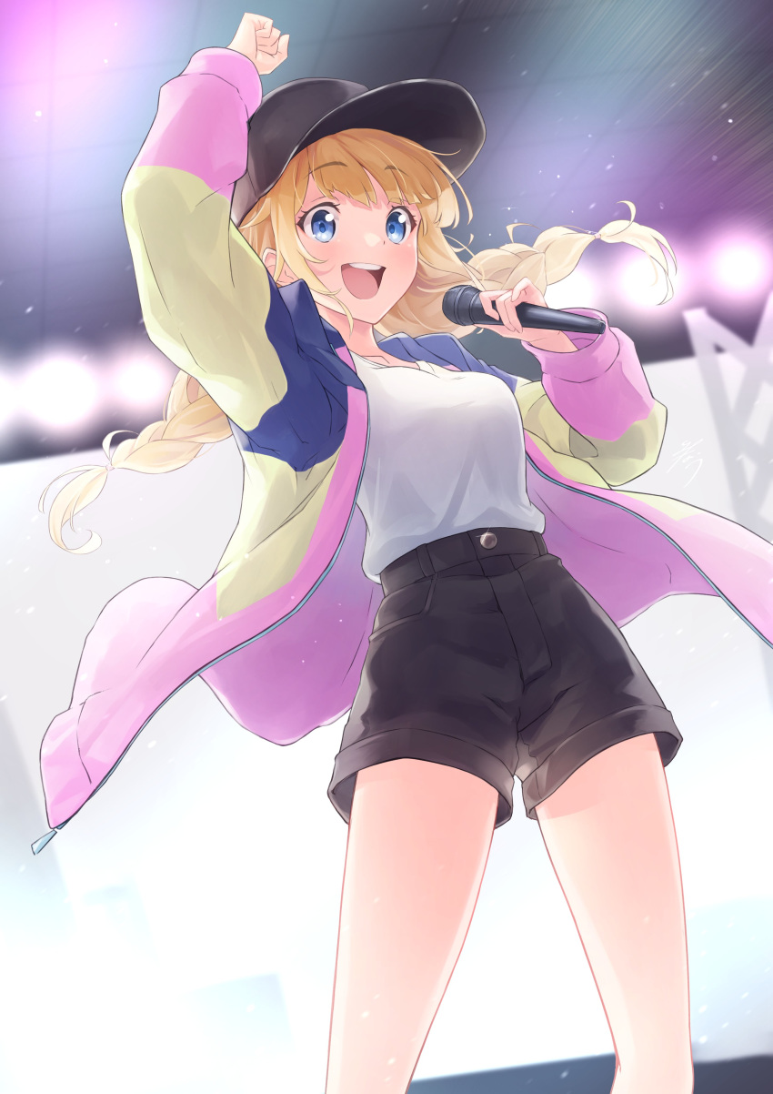 1girl absurdres bangs baseball_cap black_headwear black_shorts blonde_hair blue_eyes blunt_bangs braid clenched_hand hat highres holding holding_microphone jacket long_hair long_sleeves microphone minau37 multicolored_clothes multicolored_jacket open_clothes open_jacket paripi_koumei shirt shorts solo stage stage_lights tsukimi_eiko twin_braids white_shirt