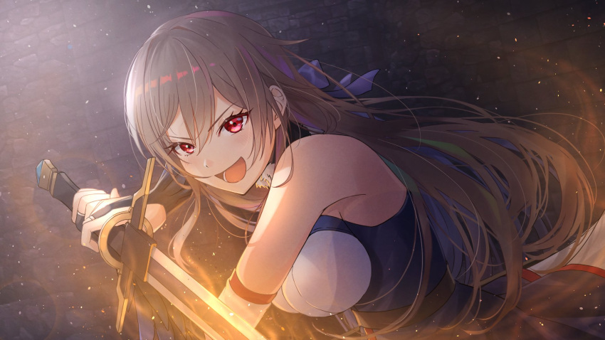 1girl :d bangs bare_shoulders blue_dress blush breasts bridal_gauntlets brown_hair dress eyebrows_visible_through_hair furen_e_lustario hair_between_eyes highres holding holding_sword holding_weapon large_breasts light_particles long_hair looking_at_viewer nijisanji red_eyes shima6644 smile solo sword v-shaped_eyebrows very_long_hair virtual_youtuber weapon