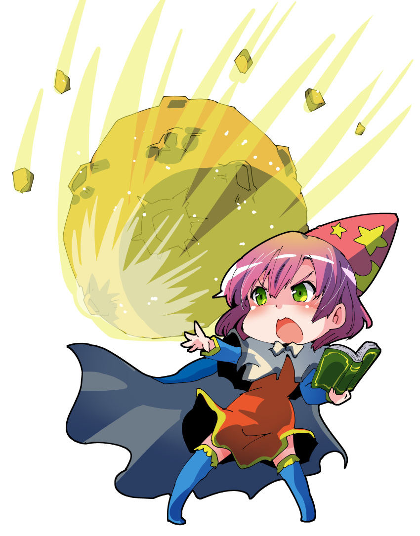 1girl absurdres book cape chibi dress final_fantasy final_fantasy_v full_body green_eyes hat highres lenna_charlotte_tycoon magic meteor open_mouth pink_hair shinapuu simple_background solo thigh-highs time_mage white_background