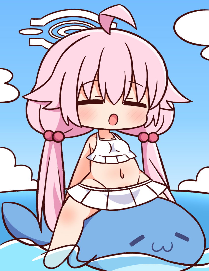1girl :o ahoge bangs bare_arms bare_shoulders barefoot bikini blue_archive blue_sky blush breasts chibi closed_eyes clouds collarbone day eyebrows_visible_through_hair facing_viewer full_body groin hair_between_eyes hair_bobbles hair_ornament halo hana_kazari highres horizon hoshino_(blue_archive) inflatable_dolphin inflatable_toy long_hair low_twintails navel ocean outdoors parted_lips pink_hair sitting sky small_breasts solo straddling swimsuit twintails very_long_hair water white_bikini