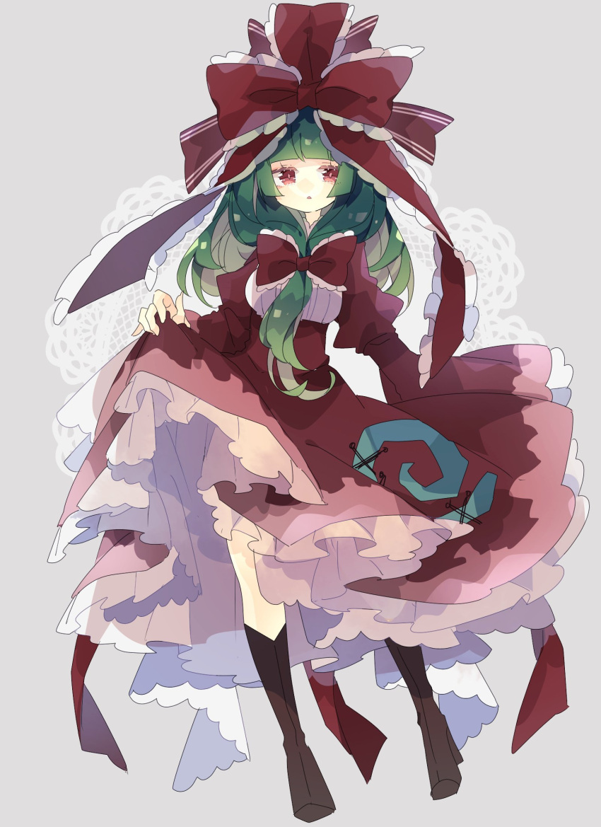 1girl :&lt; bangs blunt_bangs boots bow brown_footwear commentary dress frilled_ribbon frills full_body green_hair hair_bow hair_ribbon highres holding holding_clothes holding_skirt kagiyama_hina long_hair long_sleeves nikorashi-ka petticoat puffy_long_sleeves puffy_sleeves red_bow red_dress red_eyes red_ribbon ribbon sidelocks skirt spiral touhou wide_sleeves