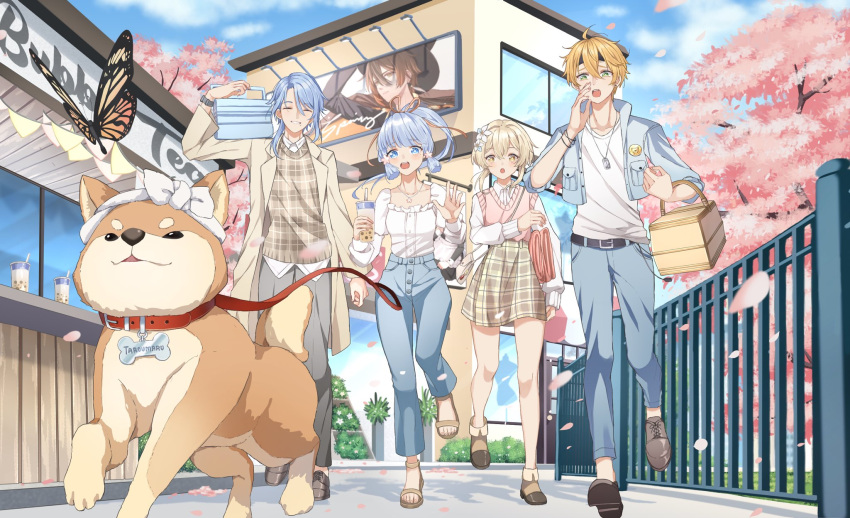 2boys 2girls ahoge alternate_costume bangs blonde_hair blue_eyes blue_pants blunt_bangs brother_and_sister brown_hair bug butterfly casual cherry_blossoms clair_in_wonderland denim dog english_commentary flower genshin_impact green_eyes hair_flower hair_ornament highres jacket jewelry kamisato_ayaka kamisato_ayato light_blue_hair lumine_(genshin_impact) medium_hair multiple_boys multiple_girls necklace open_clothes open_jacket open_mouth outdoors pants short_hair_with_long_locks siblings skirt taroumaru_(genshin_impact) thoma_(genshin_impact) white_flower yellow_eyes zhongli_(genshin_impact)
