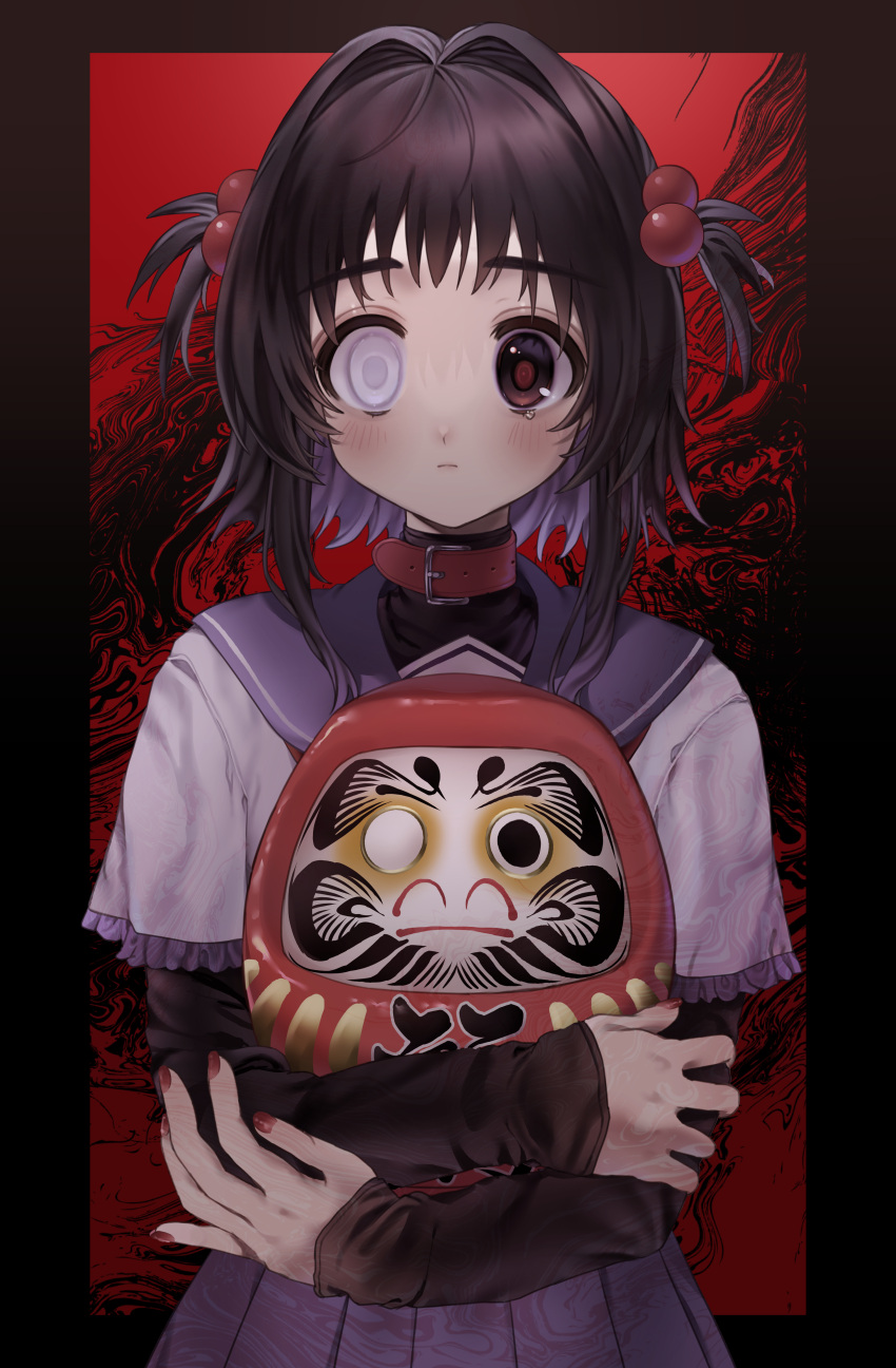 1girl absurdres bangs belt_collar black_hair blind blush choker collar daruma_doll doll eyebrows frills hair_bobbles hair_intakes hair_ornament heterochromia highres holding holding_doll layered_sleeves long_sleeves looking_to_the_side mntimccz nail_polish original pleated_skirt red_eyes school_uniform serafuku short_hair short_over_long_sleeves short_sleeves sidelocks skirt solo tearing_up turtleneck twintails