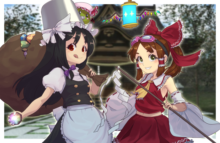 2girls apron ascot bag bare_shoulders black_hair bow breasts brown_hair bucket bucket_(suweeka) bucket_on_head cosplay detached_sleeves flandre_scarlet flandre_scarlet_(cosplay) goggles goggles_(suweeka) goggles_on_head gohei green_eyes grin hair_bow hair_tubes hakurei_reimu hakurei_reimu_(cosplay) hat highres holding holding_bag kirisame_marisa kirisame_marisa_(cosplay) midriff_peek mob_cap multiple_girls navel object_on_head original outdoors ponytail purple_bow red_bow red_eyes red_skirt remilia_scarlet remilia_scarlet_(cosplay) sidelocks skirt slime_(creature) small_breasts smile suweeka terraria tongue tongue_out touhou waist_apron wide_sleeves witch_hat