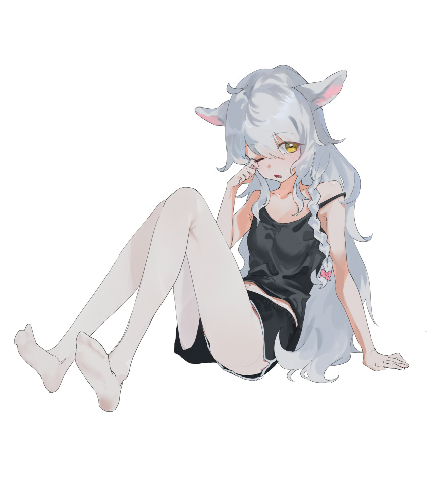 1girl absurdres ahoge animal_ears arm_support bangs bare_arms bare_shoulders black_shorts blush braid breasts camisole collarbone dolphin_shorts full_body grey_hair highres knees_up kurobeko_(kur0bek0) looking_at_viewer navel no_shoes open_mouth original pantyhose rubbing_eyes short_shorts shorts single_braid sitting small_breasts solo strap_slip white_legwear yellow_eyes