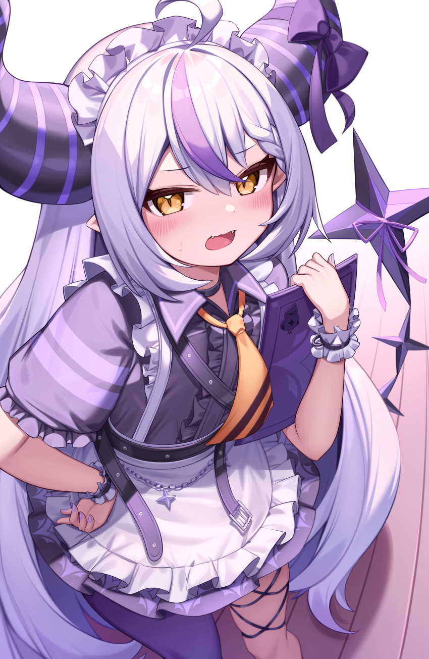 1girl absurdres ahoge alternate_costume apron bangs black_horns blush center_frills deaver demon_horns dress enmaided eyebrows_visible_through_hair fangs frilled_apron frilled_sleeves frills grey_hair hair_between_eyes hand_on_hip highres holding hololive horn_ornament horn_ribbon horns la+_darknesss long_hair looking_at_viewer maid maid_headdress multicolored_hair nail_polish necktie open_mouth pointy_ears purple_dress purple_hair purple_legwear purple_nails purple_ribbon ribbon short_sleeves single_leg_pantyhose solo standing streaked_hair striped_horns tail tail_raised very_long_hair virtual_youtuber white_apron wrist_cuffs yellow_eyes yellow_necktie