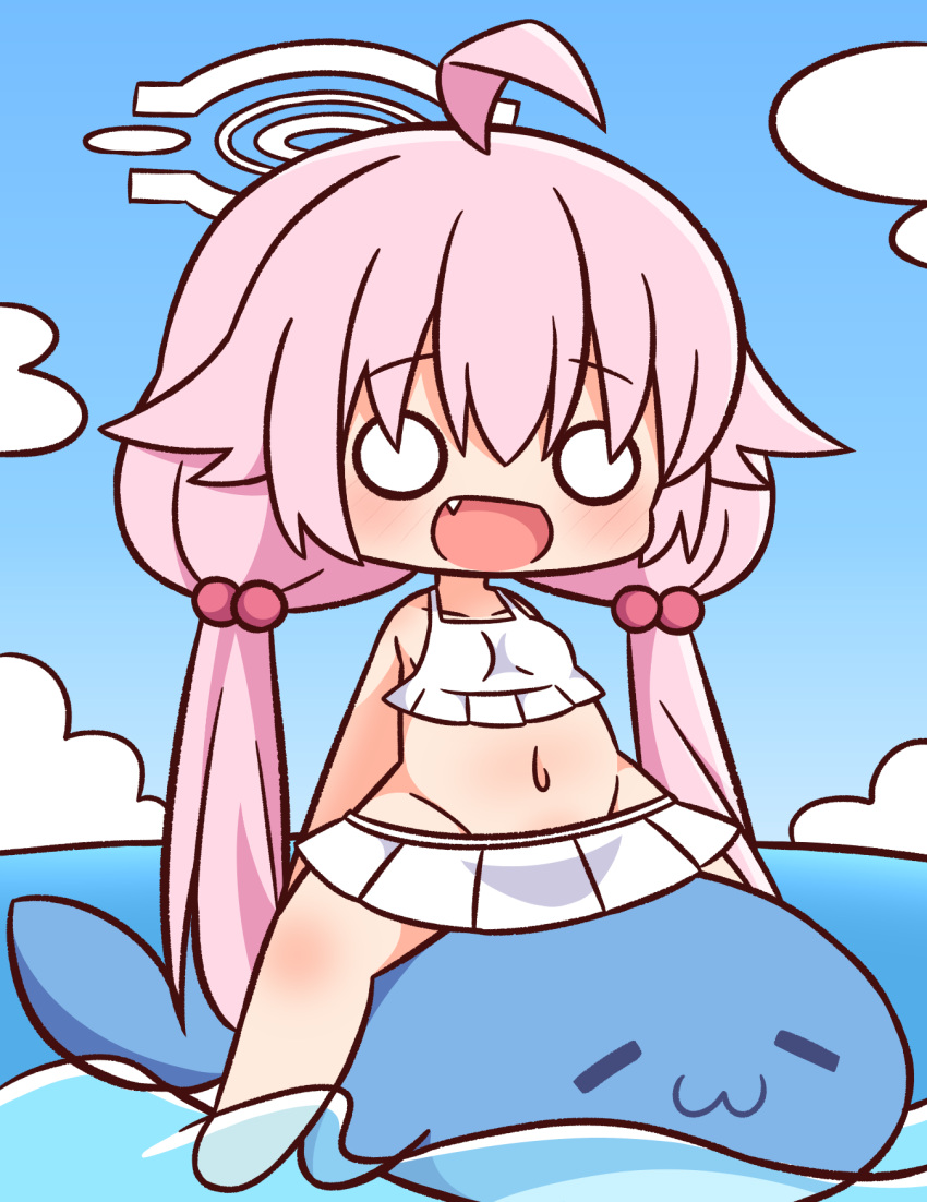 1girl :d ahoge bangs bare_arms bare_shoulders barefoot bikini blue_archive blue_sky blush breasts chibi clouds collarbone day eyebrows_visible_through_hair fang full_body groin hair_between_eyes hair_bobbles hair_ornament halo hana_kazari highres horizon hoshino_(blue_archive) inflatable_dolphin inflatable_toy long_hair looking_at_viewer low_twintails navel o_o ocean outdoors pink_hair sitting sky small_breasts smile solo straddling swimsuit twintails very_long_hair water white_bikini