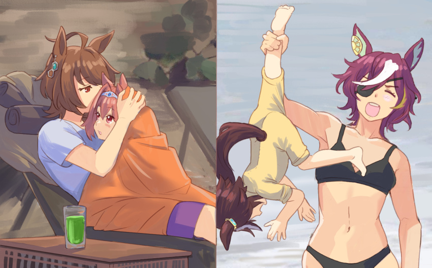 4girls agnes_tachyon_(umamusume) ahoge animal_ears baby bangs bikini black_bikini blanket blue_shirt brown_hair chair closed_eyes comparison cup daiwa_scarlet_(umamusume) earrings eyepatch facing_viewer highres holding_another's_leg horse_ears horse_girl horse_tail hug jewelry looking_at_viewer lounge_chair multicolored_hair multiple_girls navel one-piece_swimsuit open_mouth parody photo-referenced purple_hair purple_shorts reclining shared_blanket shirt short_hair shorts single_earring sinnra_art smile swimsuit tail tanino_gimlet_(umamusume) two-tone_hair umamusume vodka_(umamusume) younger