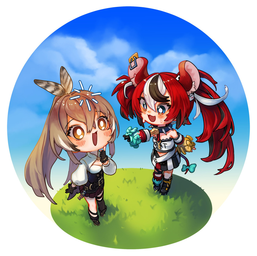2girls absurdres animal_ears bare_shoulders black_hair blush brown_hair chibi collar commentary_request day detached_sleeves dice dice_hair_ornament full_body gloves grass hair_between_eyes hair_ornament hakos_baelz highres hololive hololive_english korean_commentary long_sleeves mouse_ears mouse_girl mouse_tail mousetrap multicolored_hair multiple_girls nanashi_mumei navel open_mouth outdoors ponytail redhead single_thighhigh skirt spiked_collar spikes standing sweat tail thigh-highs thigh_strap tongue twintails white_hair zsziqi