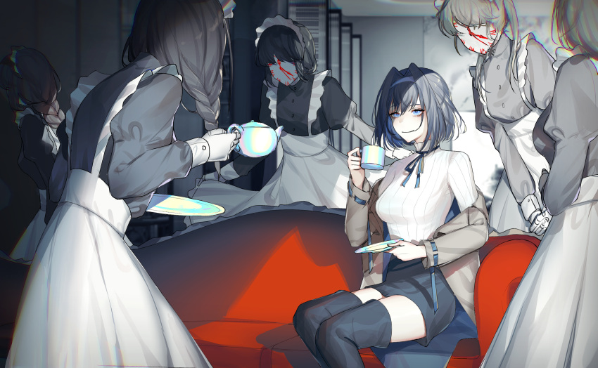 6+girls apron black_dress black_hair black_legwear black_skirt blue_eyes blue_hairband breasts brown_hair clock closed_mouth couch cup dress faceless faceless_female hair_intakes hairband hand_up highres holding holding_cup holding_saucer holding_teapot hololive hololive_english jacket long_hair long_sleeves maid maid_apron medium_breasts multiple_girls off_shoulder on_couch open_clothes open_jacket ouro_kronii saucer shirt short_hair skirt smile teapot thigh-highs virtual_youtuber white_apron white_shirt ysoroth