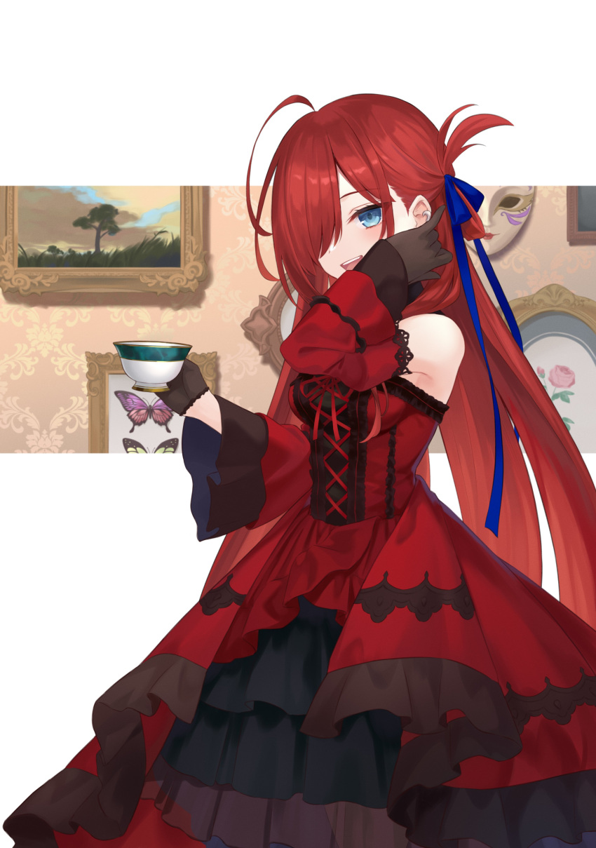 1girl absurdres apple azuuru bag bangs black_dress black_gloves black_hair black_jacket blue_eyes bread closed_mouth cover cover_image cover_page cup dress flower food fruit gloves hair_over_one_eye hand_on_own_neck highres holding holding_cup inori_no_kuni_no_riviere jacket jewelry lemon light_blush long_dress long_hair long_sleeves looking_at_viewer novel_cover novel_illustration official_art open_clothes open_jacket open_mouth redhead riviere_(inori_no_kuni_no_riviere) shiny shiny_hair shirt short_hair simple_background sleeves_rolled_up smile tea teacup textless very_long_hair white_shirt