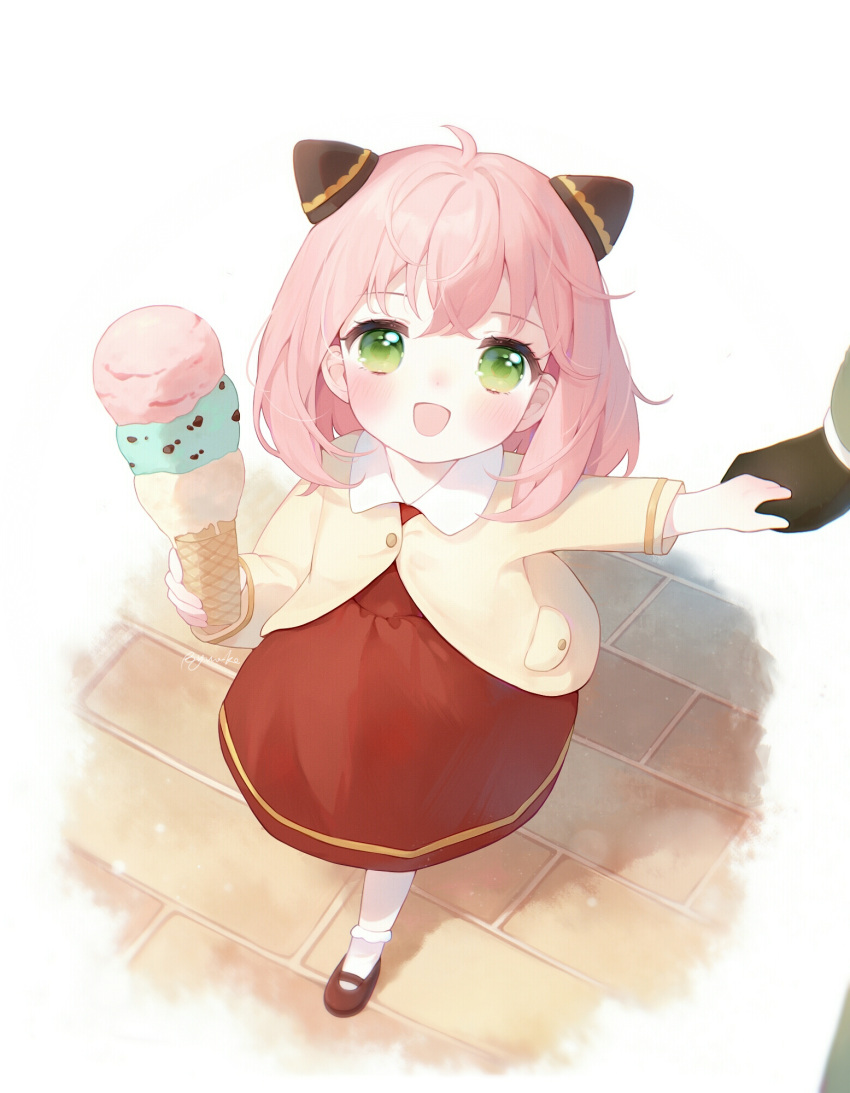 1girl 1other :d ahoge anya_(spy_x_family) bangs black_gloves blush brown_footwear buttons child collared_dress commentary_request crossed_bangs dress eggplant_(dadamiao) food from_above full_body gloves hair_between_eyes hair_cones hands_up highres holding holding_food holding_hands ice_cream jacket long_hair long_sleeves looking_at_viewer looking_up open_mouth out_of_frame pink_hair red_dress shoes smile socks solo_focus spy_x_family walking white_background white_legwear yellow_jacket