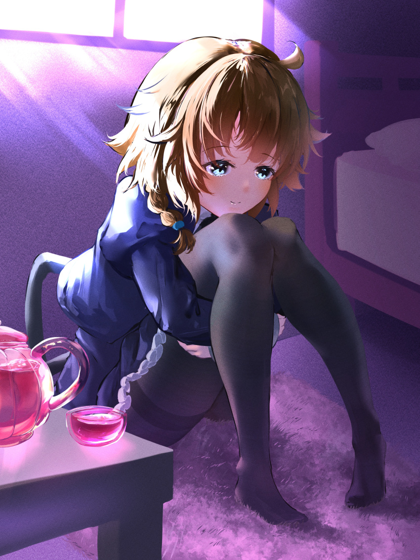 1girl absurdres ahoge assault_lily backlighting bangs bed black_legwear black_skirt blue_eyes braid brown_hair carpet closed_mouth commentary_request cup eyebrows_visible_through_hair frilled_skirt frills full_body futagawa_fumi glass_teapot hair_over_shoulder head_on_knee head_rest high-waist_skirt highres hugging_own_legs indoors juliet_sleeves knees_to_chest knees_together_feet_apart knees_up light_brown_hair long_sleeves looking_away medium_hair miniskirt mitama_mochi no_shoes on_floor pantyhose pigeon-toed puffy_sleeves school_uniform shiny shiny_hair single_braid sitting skirt smile solo teapot thighband_pantyhose window yurigaoka_girls_academy_school_uniform
