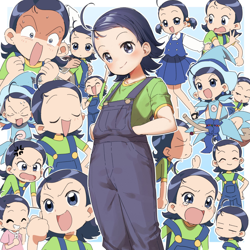 1girl :d ^_^ absurdres ahoge anger_vein black_hair blue_background blue_dress blue_eyes blue_gloves blue_headwear blush broom broom_riding chibi clenched_hand closed_eyes closed_mouth collared_shirt commentary_request dress forehead gloves green_shirt grin hair_bobbles hair_ornament hat highres multiple_views ojamajo_doremi outline overalls pleated_dress senoo_aiko shirt short_sleeves short_twintails sleeveless sleeveless_dress smile sweat tears twintails two-tone_background white_background white_outline white_shirt witch_hat yukie_(kusaka_shi)