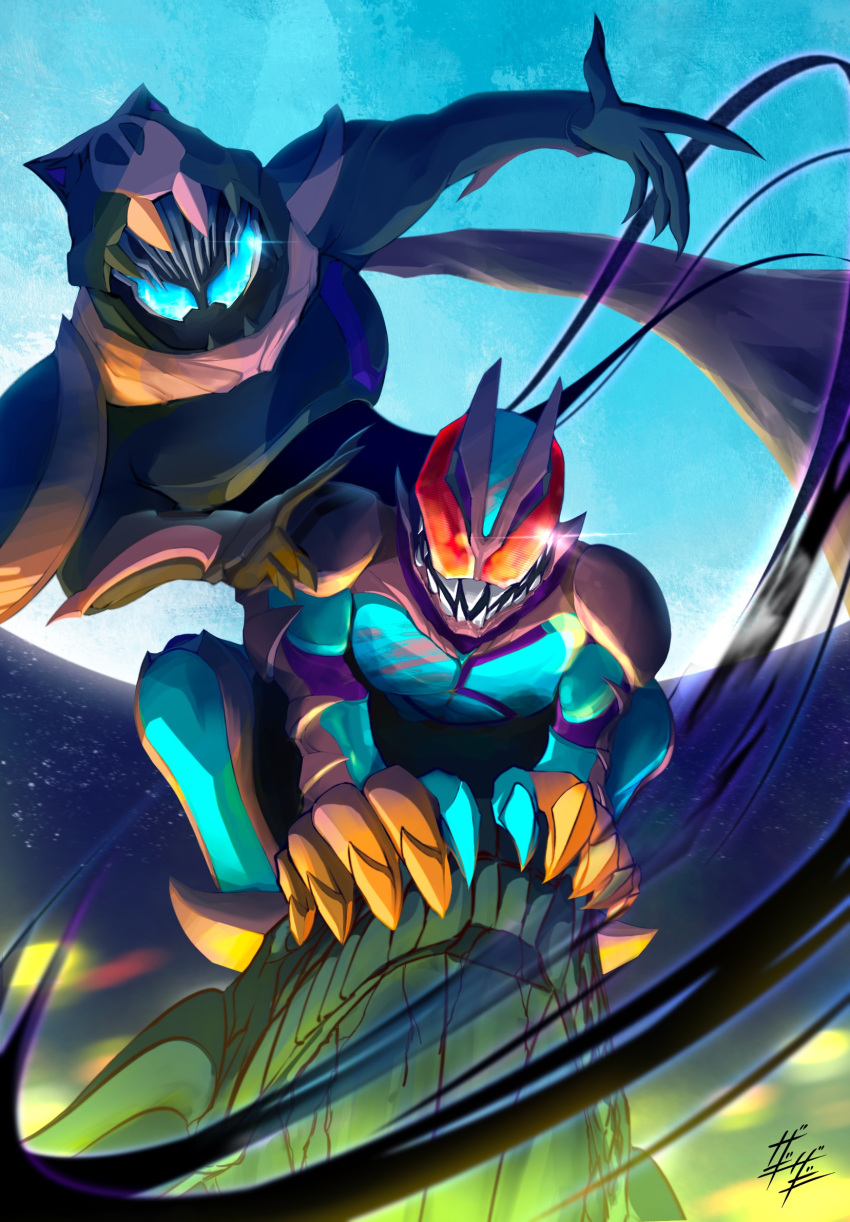 2boys armor artist_name back-to-back belt black_armor black_nails black_tail blue_eyes claw_pose clenched_hand demon_boy dinosaur fingernails fourth_wall glowing glowing_eyes hand_on_another's_shoulder helmet highres kamen_rider kamen_rider_revi kamen_rider_revice kamen_rider_vice looking_at_viewer male_focus monster_boy moon multiple_boys night night_sky pink_armor reiwa rex_genome shaded_face sharp_fingernails sharp_teeth shoulder_pads simple_background sketch sky spirit squatting stamp_mark tail teeth tokusatsu tyrannosaurus_rex upper_body zagizagi