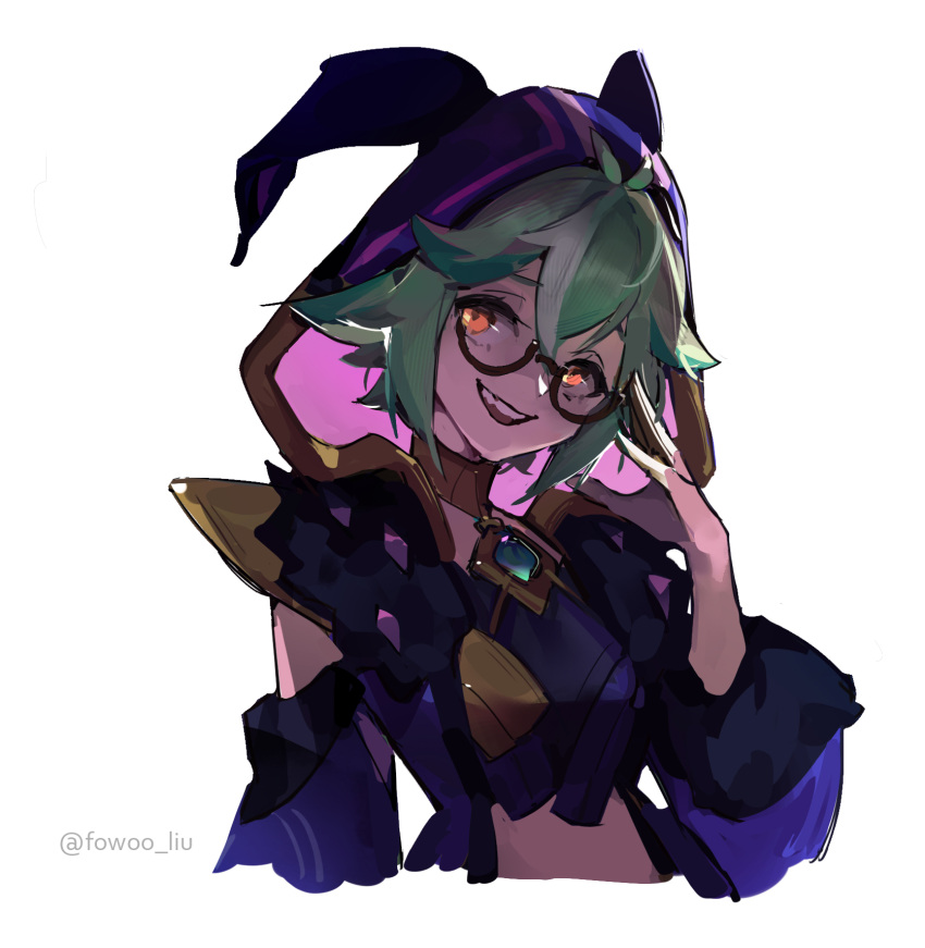 1girl animal_ears bangs cicin_mage_(genshin_impact) cloak commentary_request cosplay crop_top electro_cicin_mage_(genshin_impact) electro_cicin_mage_(genshin_impact)_(cosplay) fowoo_liu genshin_impact green_hair highres hood hood_up medium_hair purple_cloak semi-rimless_eyewear smile solo sucrose_(genshin_impact) white_background yellow_eyes