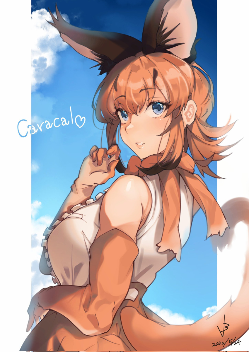 1girl animal_ears arm_at_side bangs blue_hair blue_sky border bow bowtie breast_pocket breasts brown_hair caracal_(kemono_friends) center_frills character_name dated elbow_gloves extra_ears eyebrows_visible_through_hair frills from_side gloves hair_between_eyes heart high-waist_skirt highres iparuputsua kemono_friends large_breasts light_smile lips looking_at_viewer looking_to_the_side medium_hair multicolored_hair orange_bow orange_bowtie orange_hair parted_lips pocket scarf shirt sidelocks skirt sky sleeveless sleeveless_shirt solo tail tail_through_clothes upper_body white_shirt