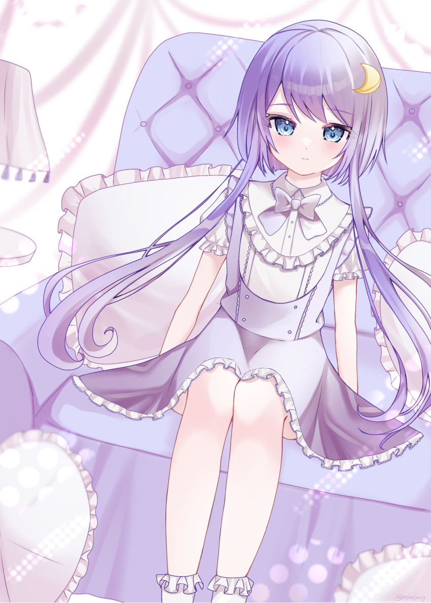 1girl absurdres alternate_costume blue_eyes blue_hair blush buttons closed_mouth crescent crescent_hair_ornament dress eyebrows_visible_through_hair feet_out_of_frame frilled_sleeves frills hair_between_eyes hair_ornament highres kantai_collection long_hair puffy_short_sleeves puffy_sleeves purple_dress short_hair_with_long_locks short_sleeves sitting socks solo white_legwear yayoi_(kancolle) yoshino_(mfmfpng)